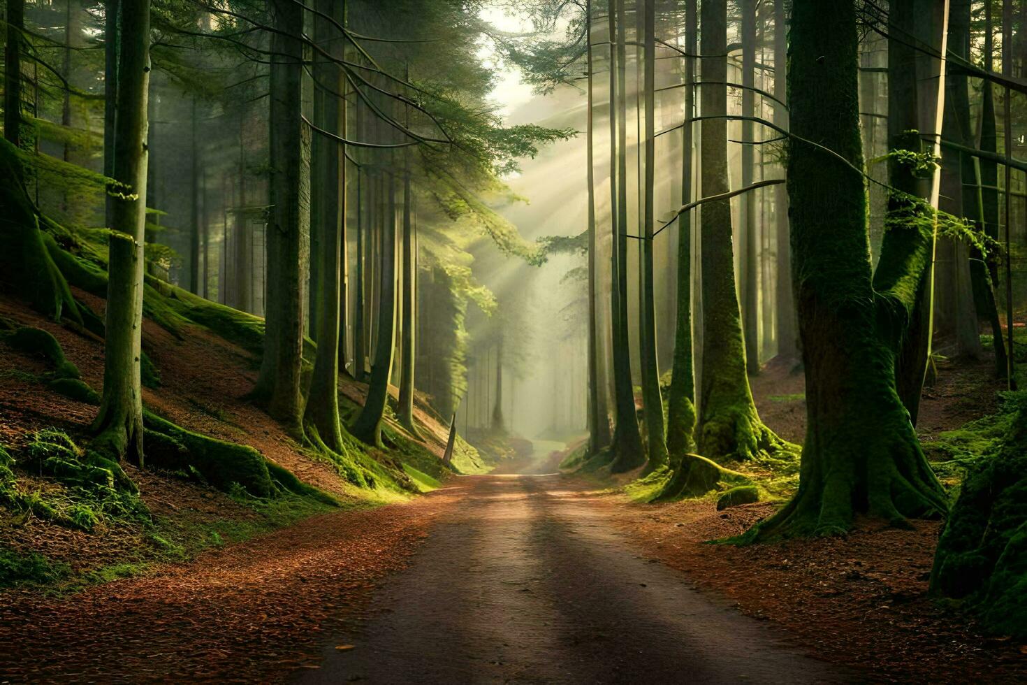 a road in the middle of a forest with trees. AI-Generated photo