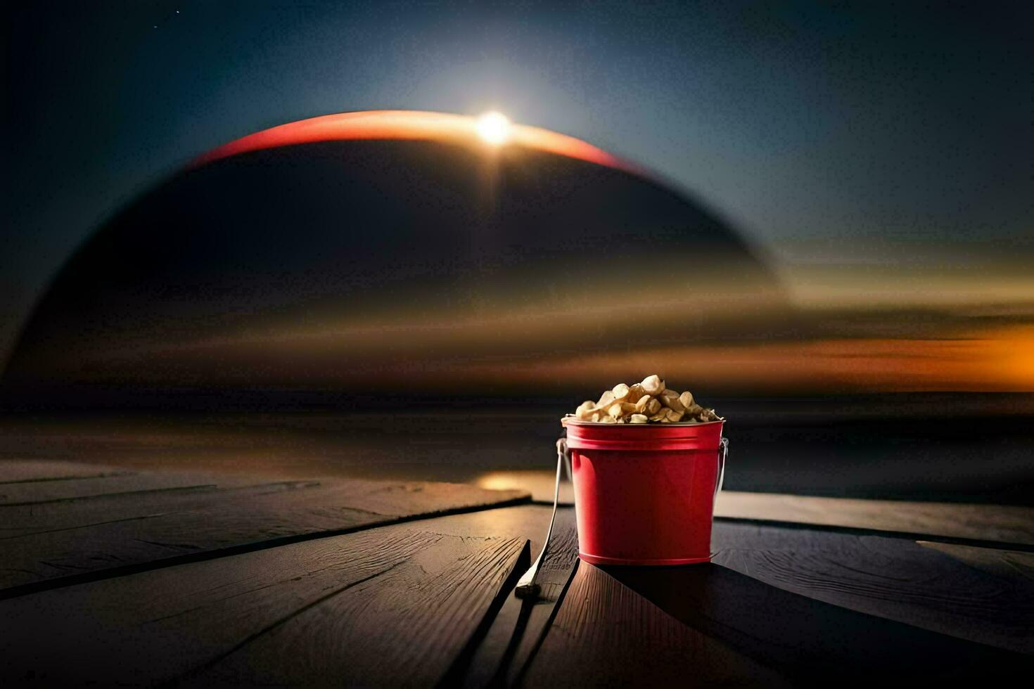 a bucket of popcorn on a table with a sunset in the background. AI-Generated photo