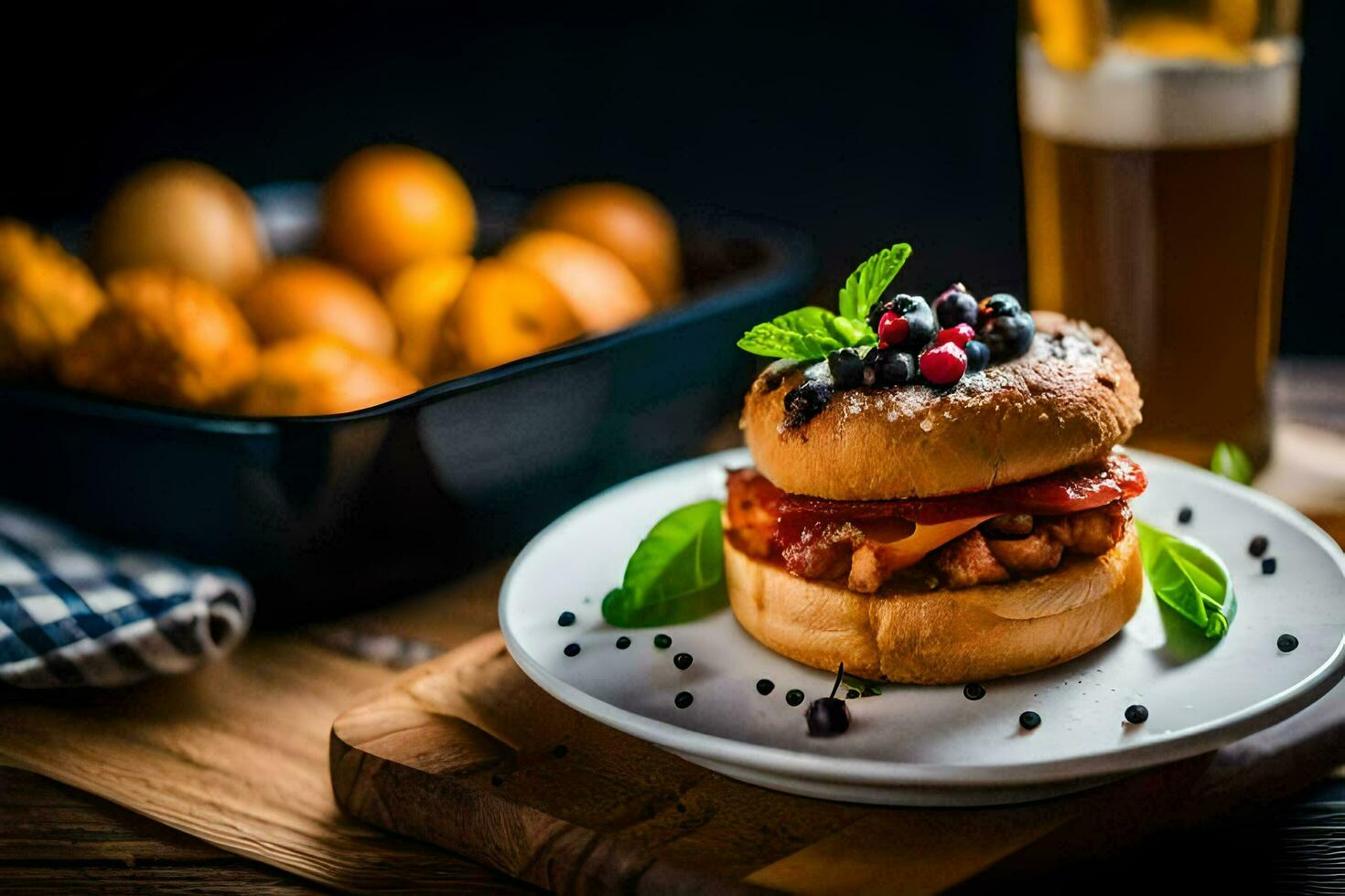 a hamburger with blueberries and bacon on a plate. AI-Generated photo