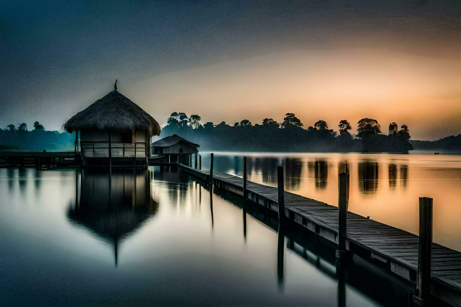 a small hut sits on the edge of a lake at sunrise. AI-Generated photo