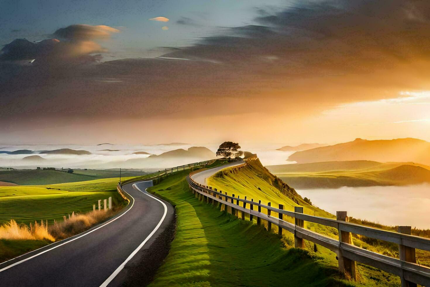the road to the sunset. AI-Generated photo