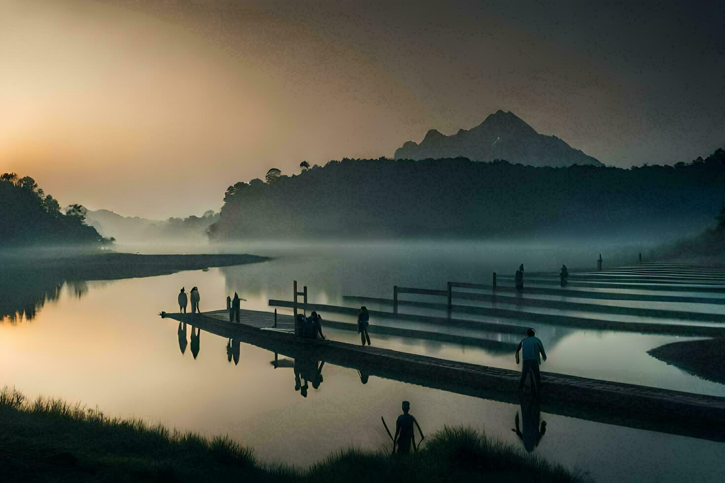 people walking on a dock at sunrise in the misty mountains. AI-Generated photo