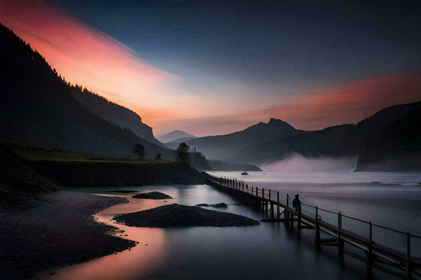 a man stands on a pier at sunset in the mountains. AI-Generated photo