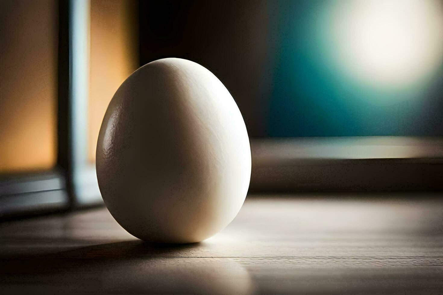 un huevo sentado en un de madera mesa. generado por ai foto
