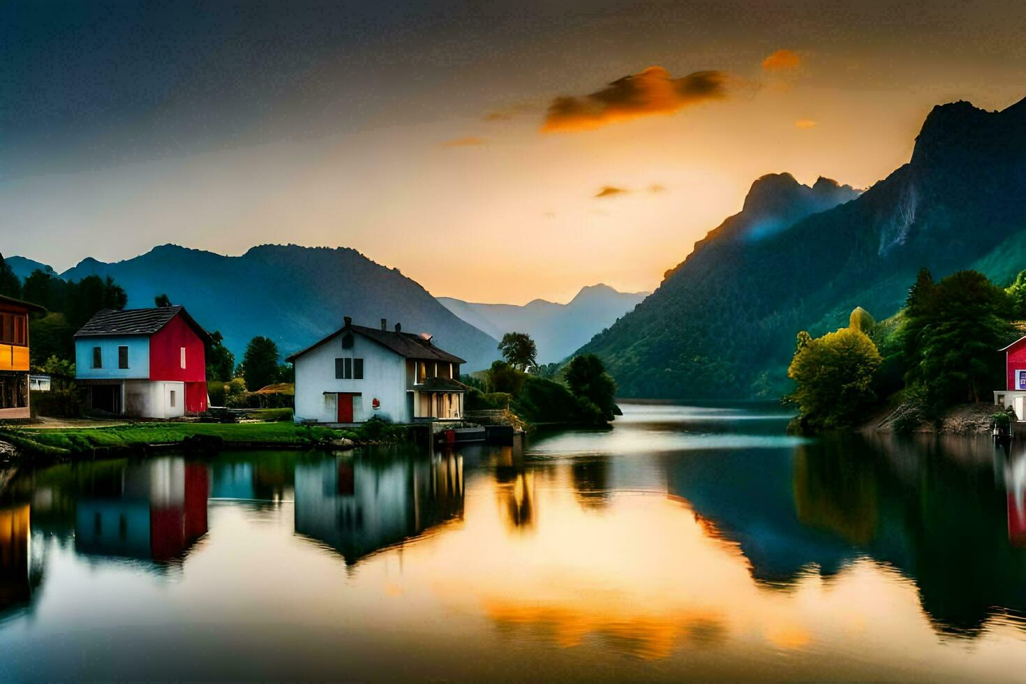 the sun sets over a lake and houses in the mountains. AI-Generated photo