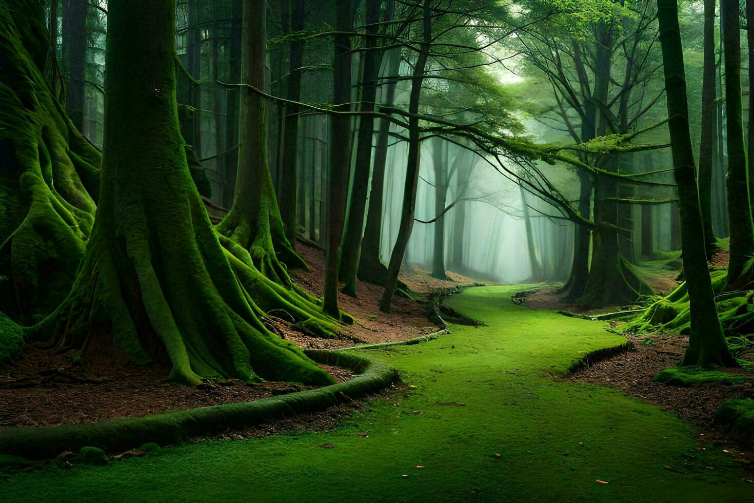 a path through a forest with green trees. AI-Generated photo