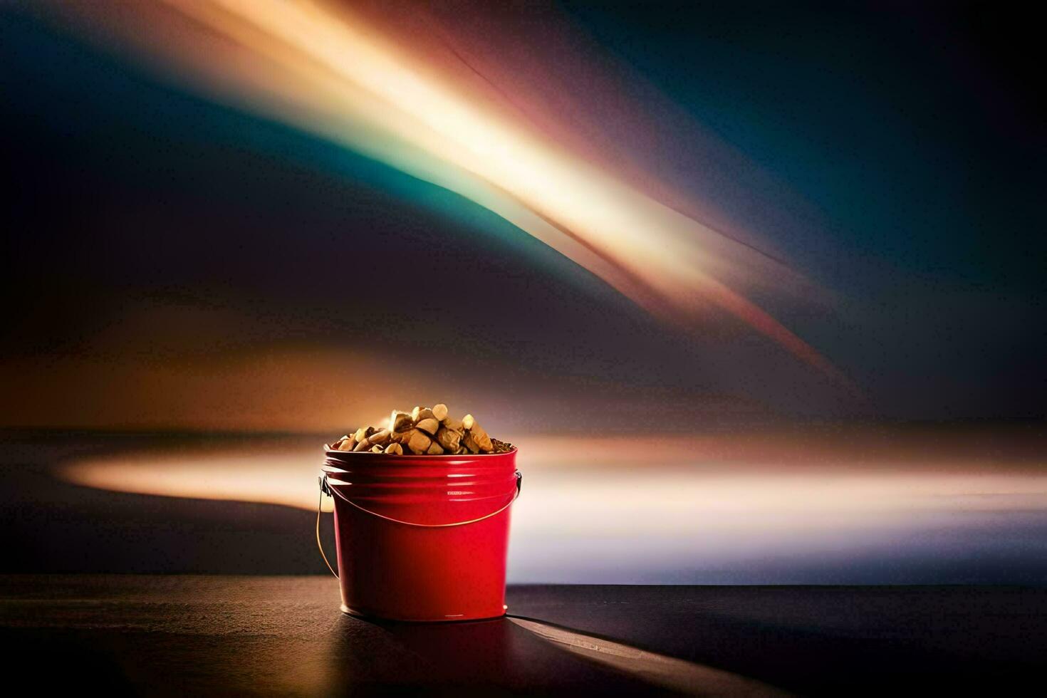 a red bucket filled with nuts on a table. AI-Generated photo