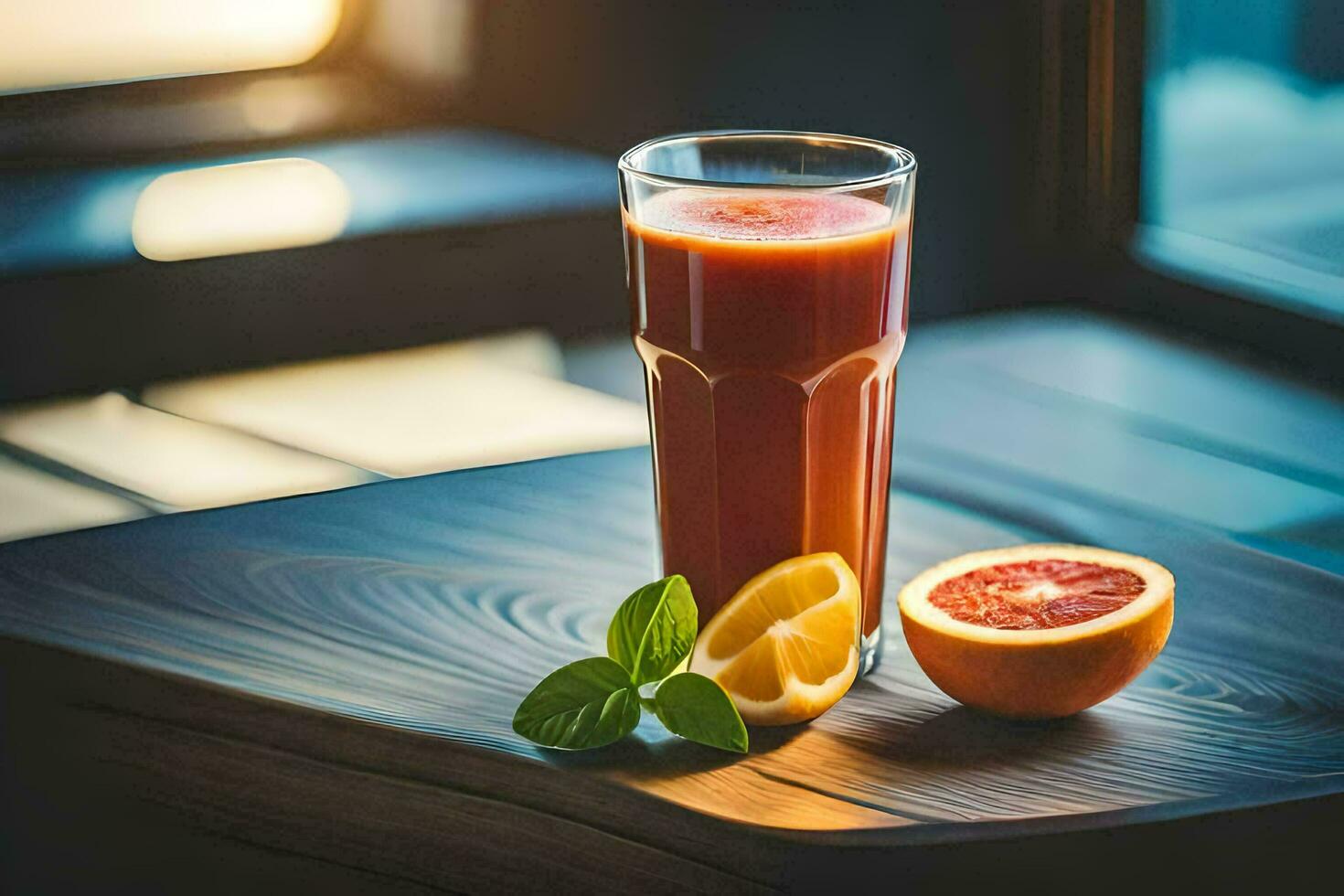 a glass of juice with a slice of orange and mint. AI-Generated photo