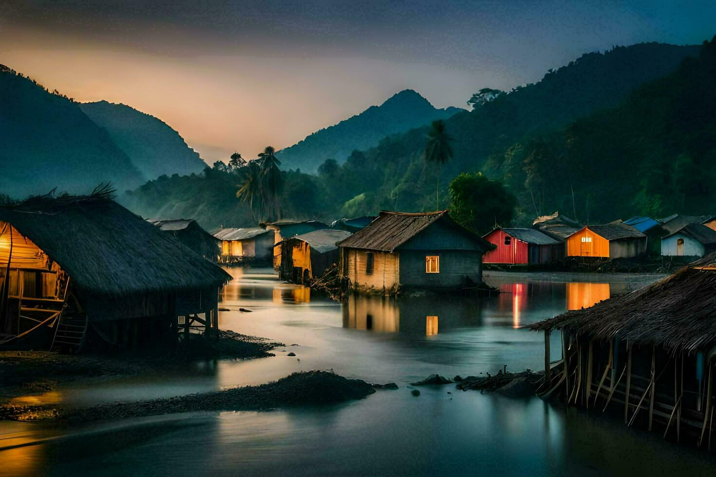 un río en el montañas con chozas y casas generado por ai foto