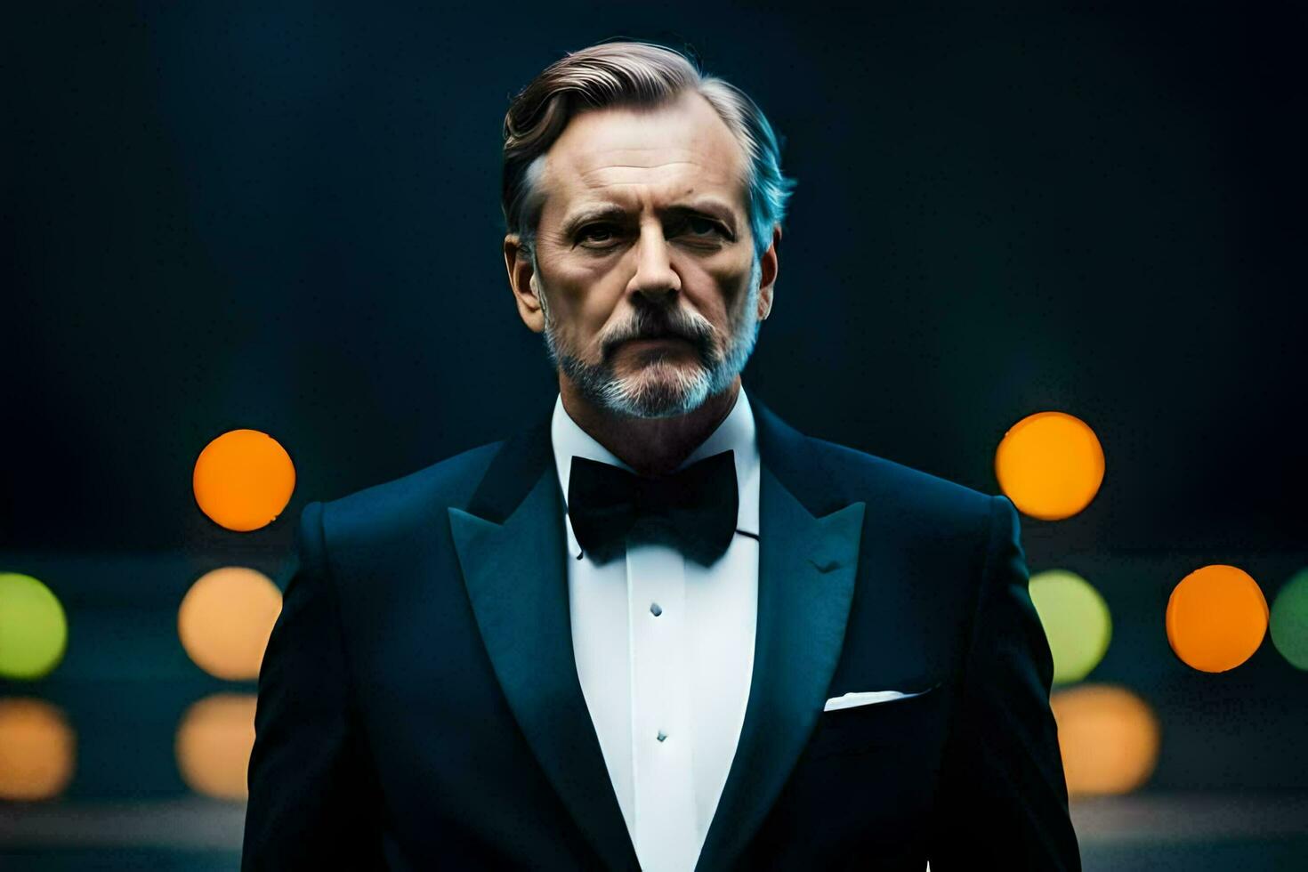 a man in a tuxedo standing in front of lights. AI-Generated photo