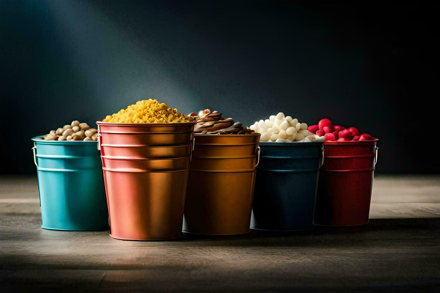 a row of colorful cups with different types of food. AI-Generated photo