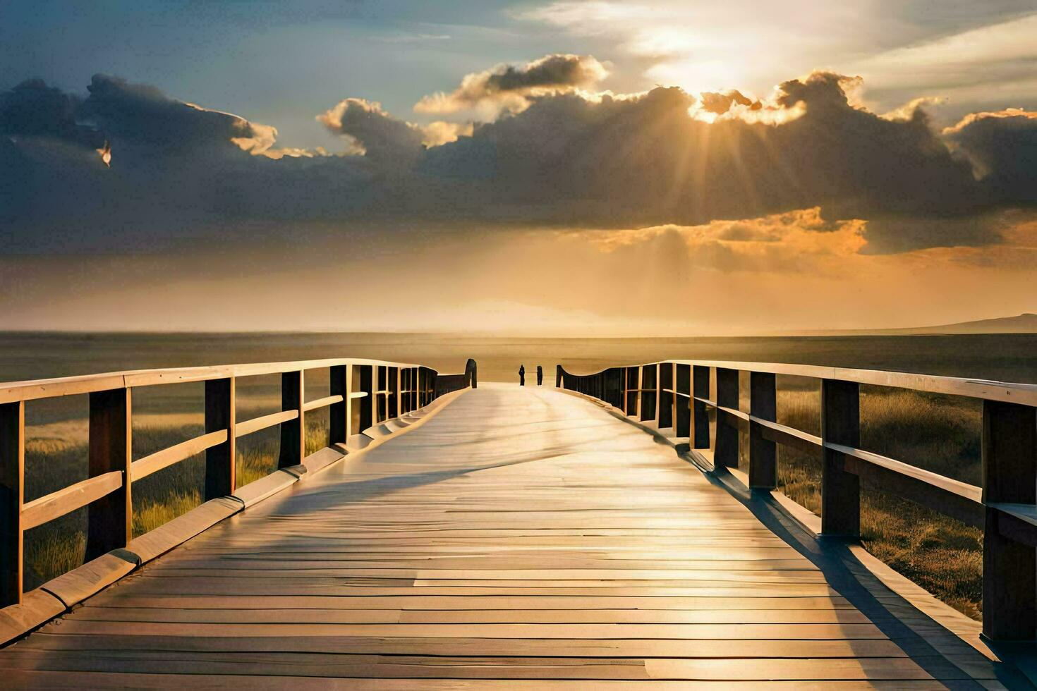 a wooden bridge leads to the ocean at sunset. AI-Generated photo