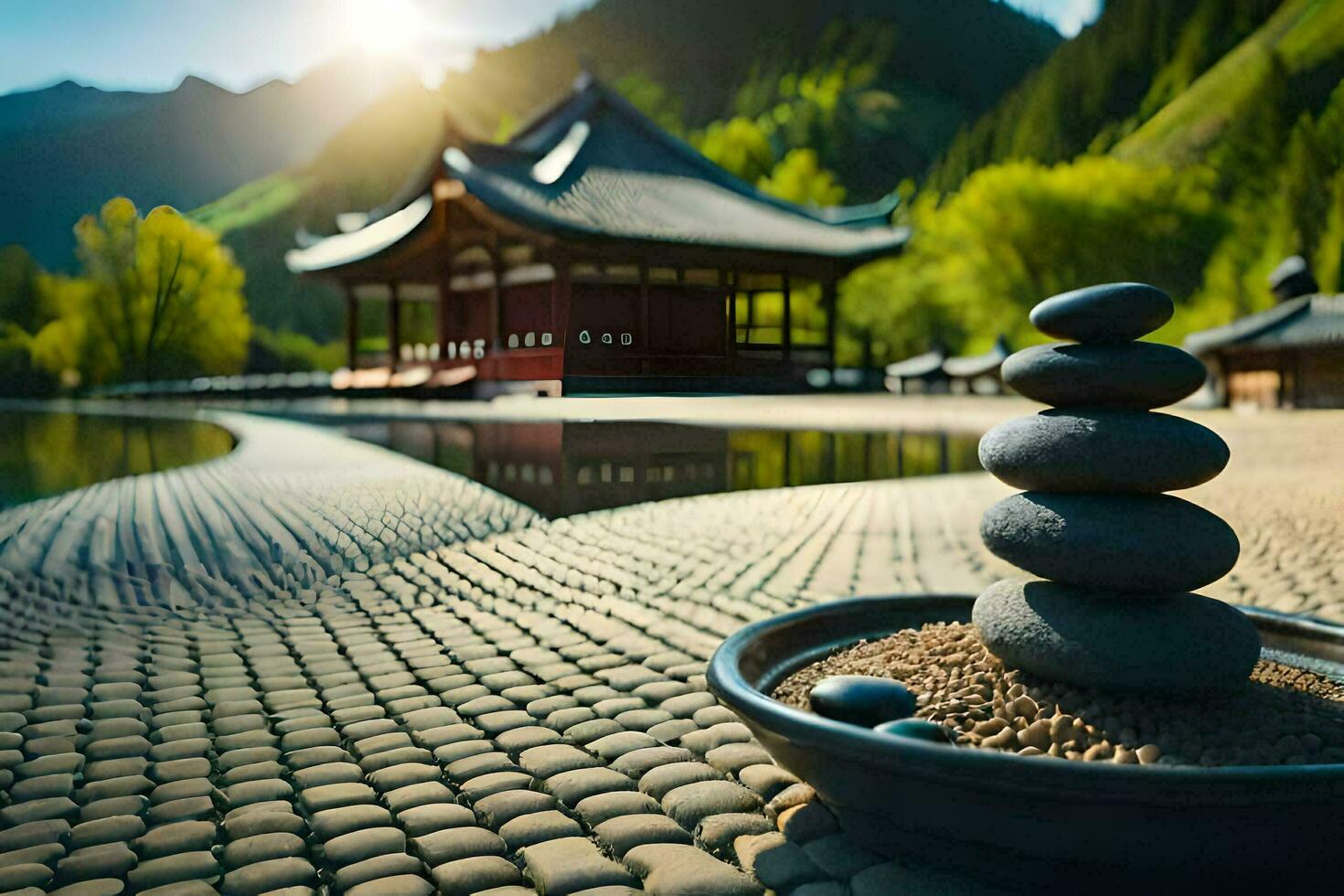 a stone pile sits on a stone path next to a lake. AI-Generated photo