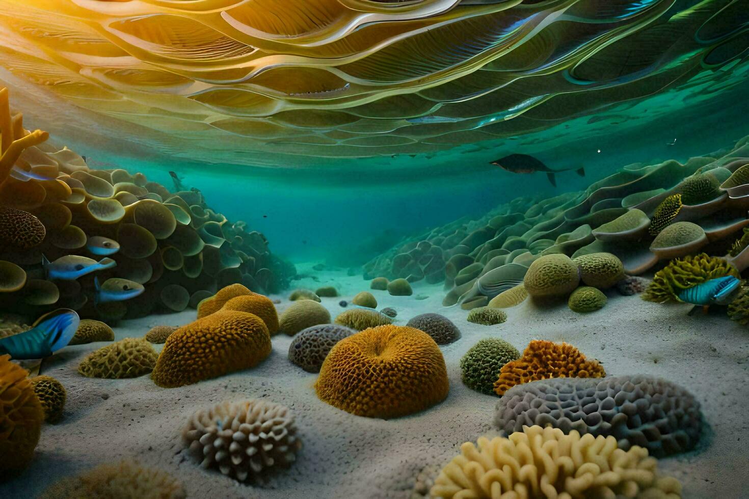 the sun shines through the water and over a coral reef. AI-Generated photo