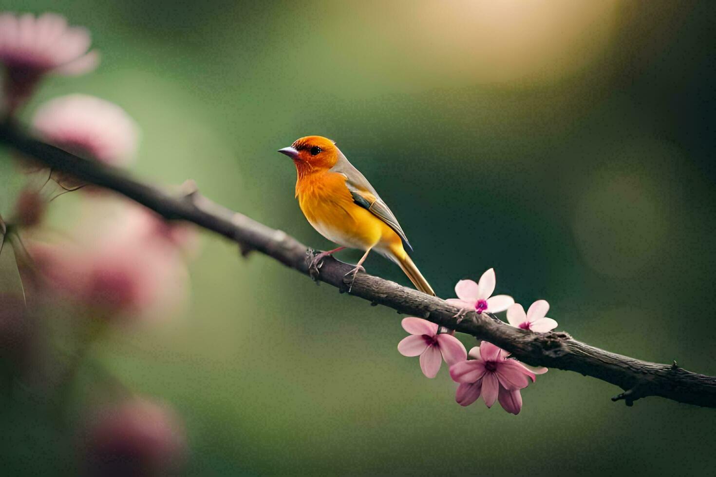 a small orange bird sits on a branch with pink flowers. AI-Generated photo