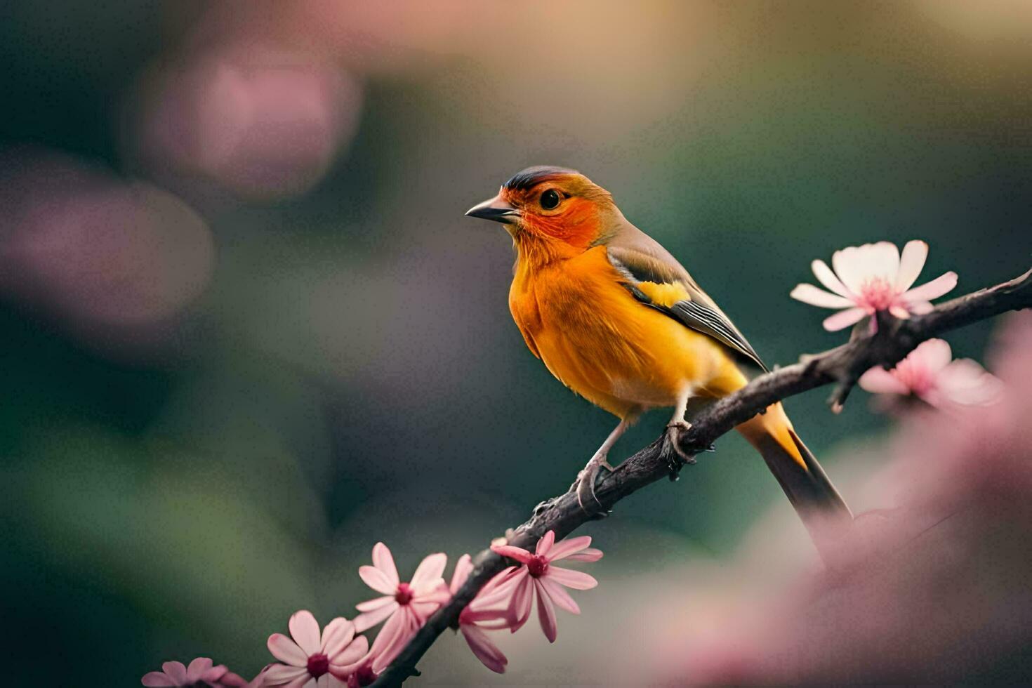 a bird sits on a branch with pink flowers. AI-Generated photo
