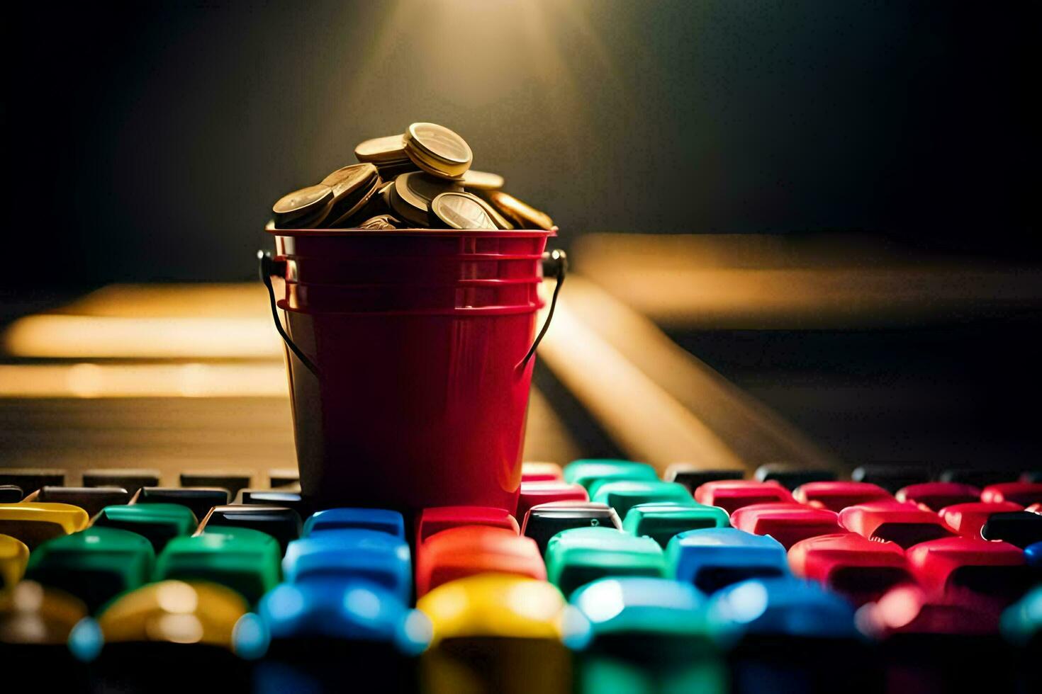 a red bucket with coins sitting on top of a table. AI-Generated photo