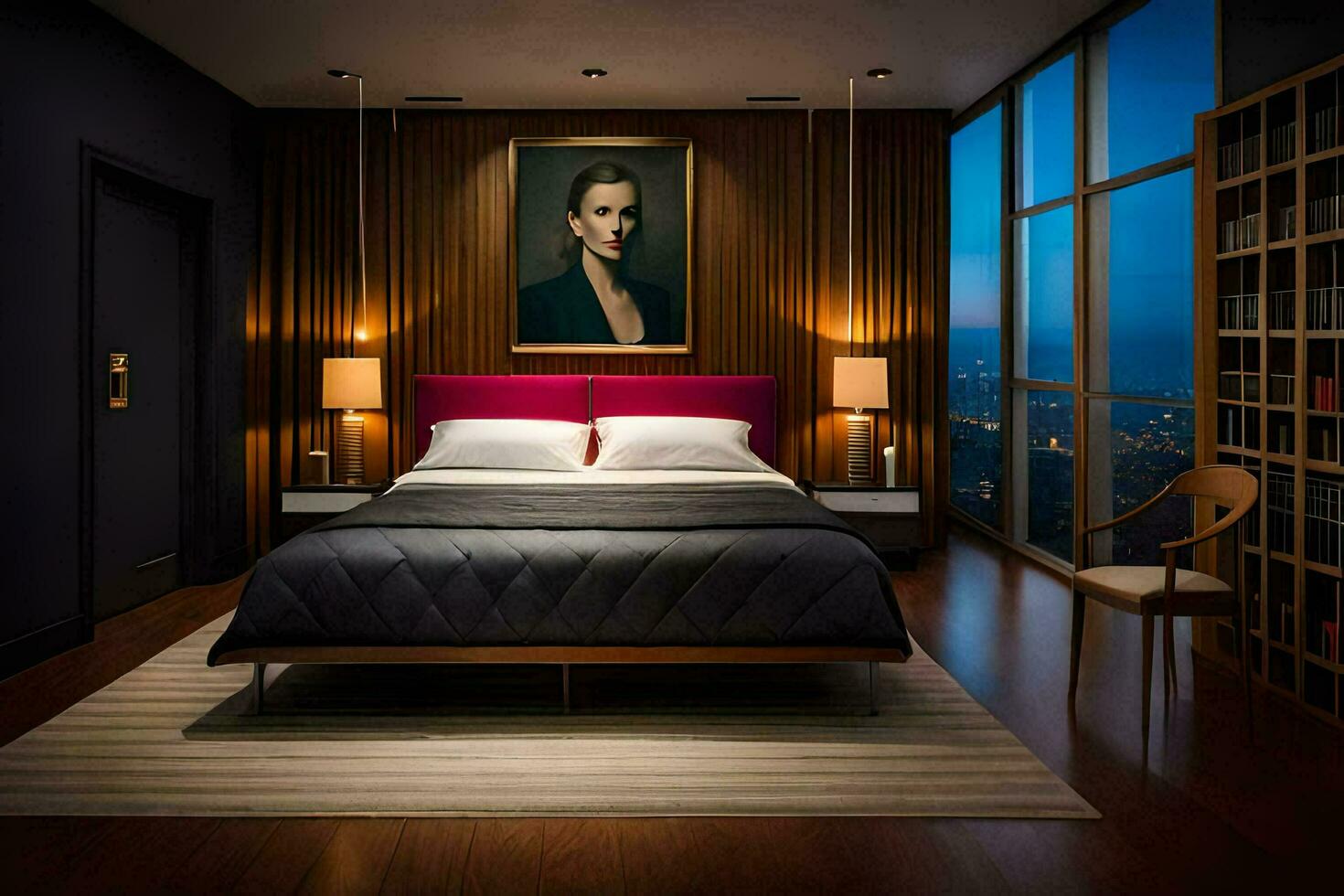 a bedroom with a large bed and a painting on the wall. AI-Generated photo