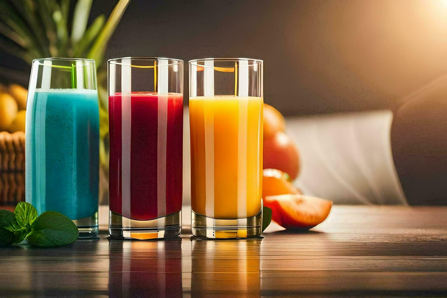 three glasses of juice with fruits and vegetables. AI-Generated photo