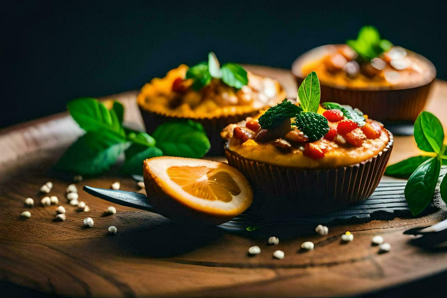 cupcakes with orange slices and mint leaves on a wooden table. AI-Generated photo