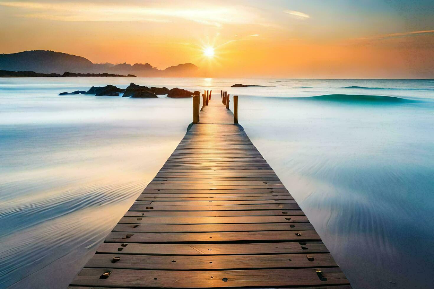a wooden pier stretches out into the ocean at sunset. AI-Generated photo