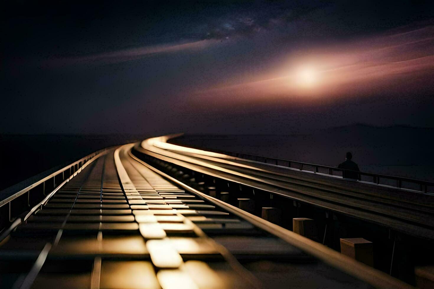 a long train track with a bright sun in the background. AI-Generated photo