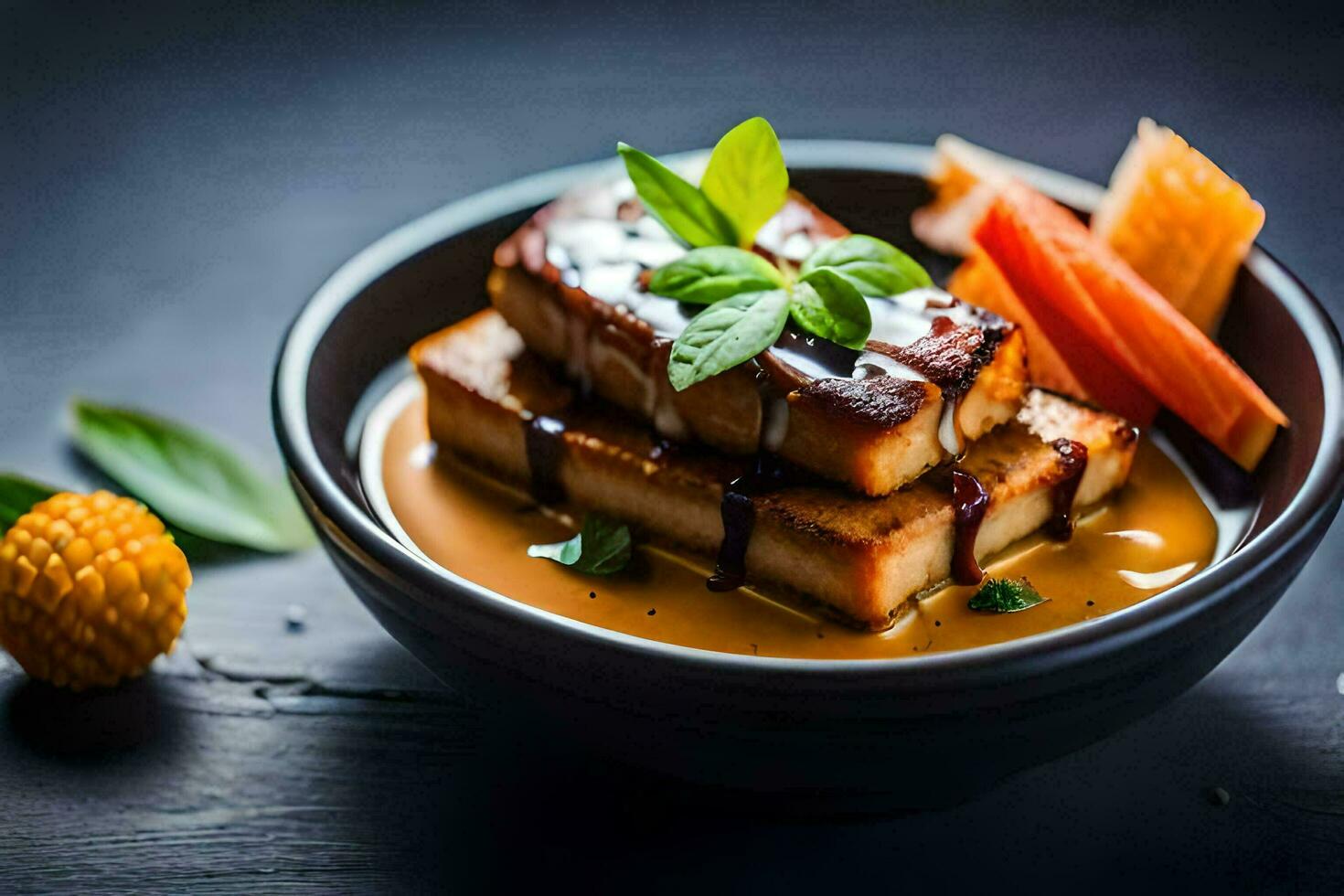 a bowl of tofu with sauce and vegetables. AI-Generated photo