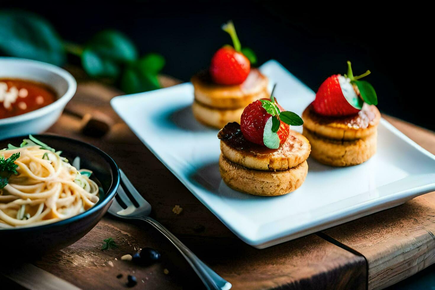 small plates with strawberries and pasta on them. AI-Generated photo