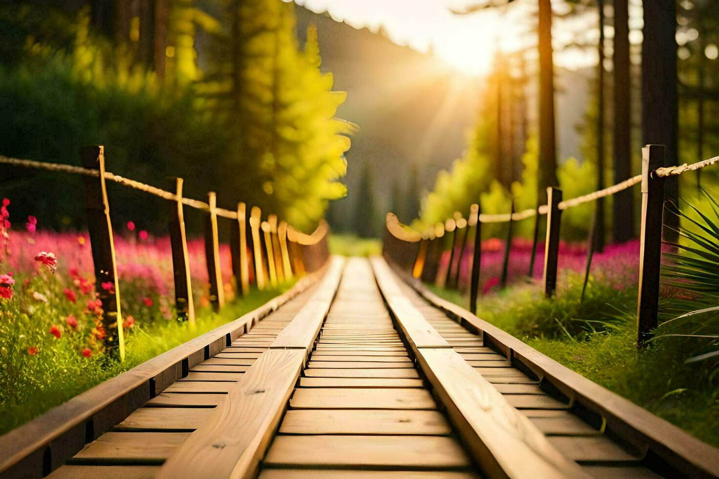 a wooden path leads to a field with flowers. AI-Generated photo
