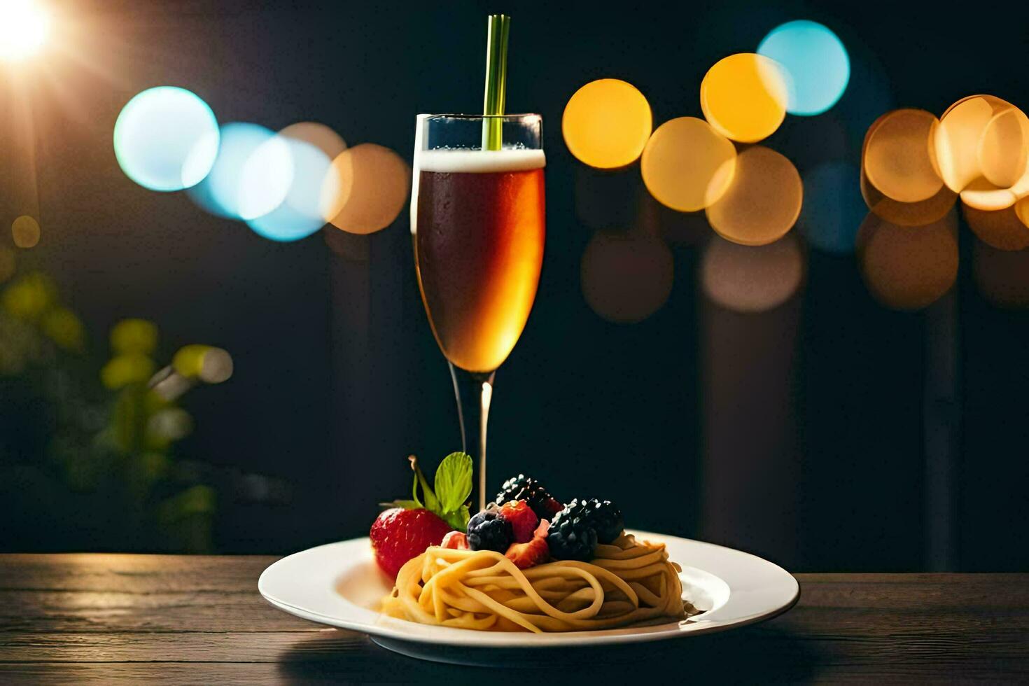 a plate with spaghetti and berries on a wooden table. AI-Generated photo