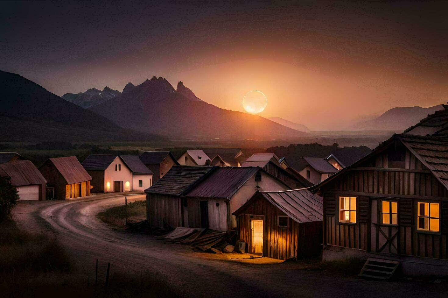 photo wallpaper the sky, the moon, the sun, the moon, the village, the mountains. AI-Generated