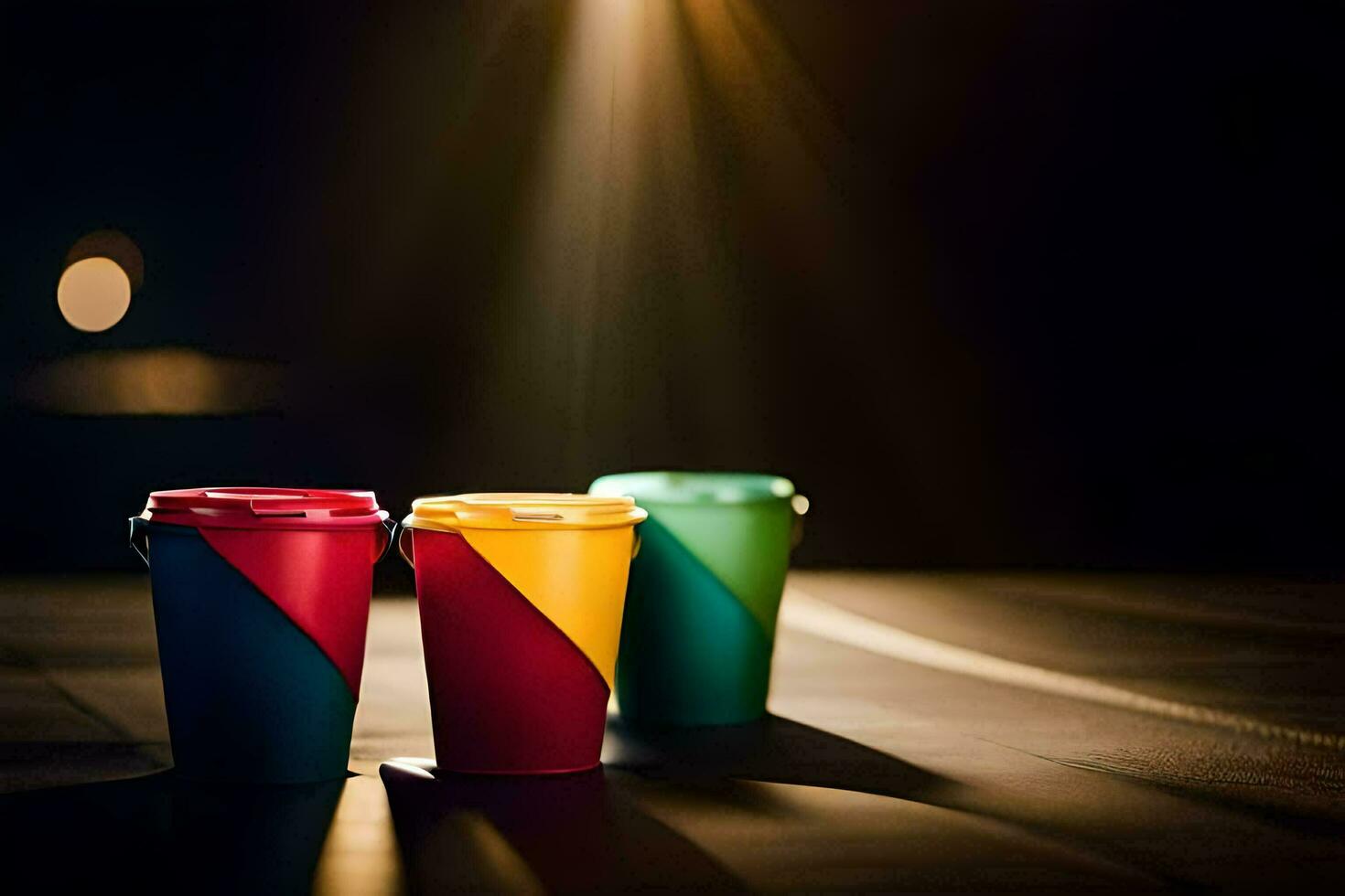 three colorful cups sit on a table in front of a light. AI-Generated photo