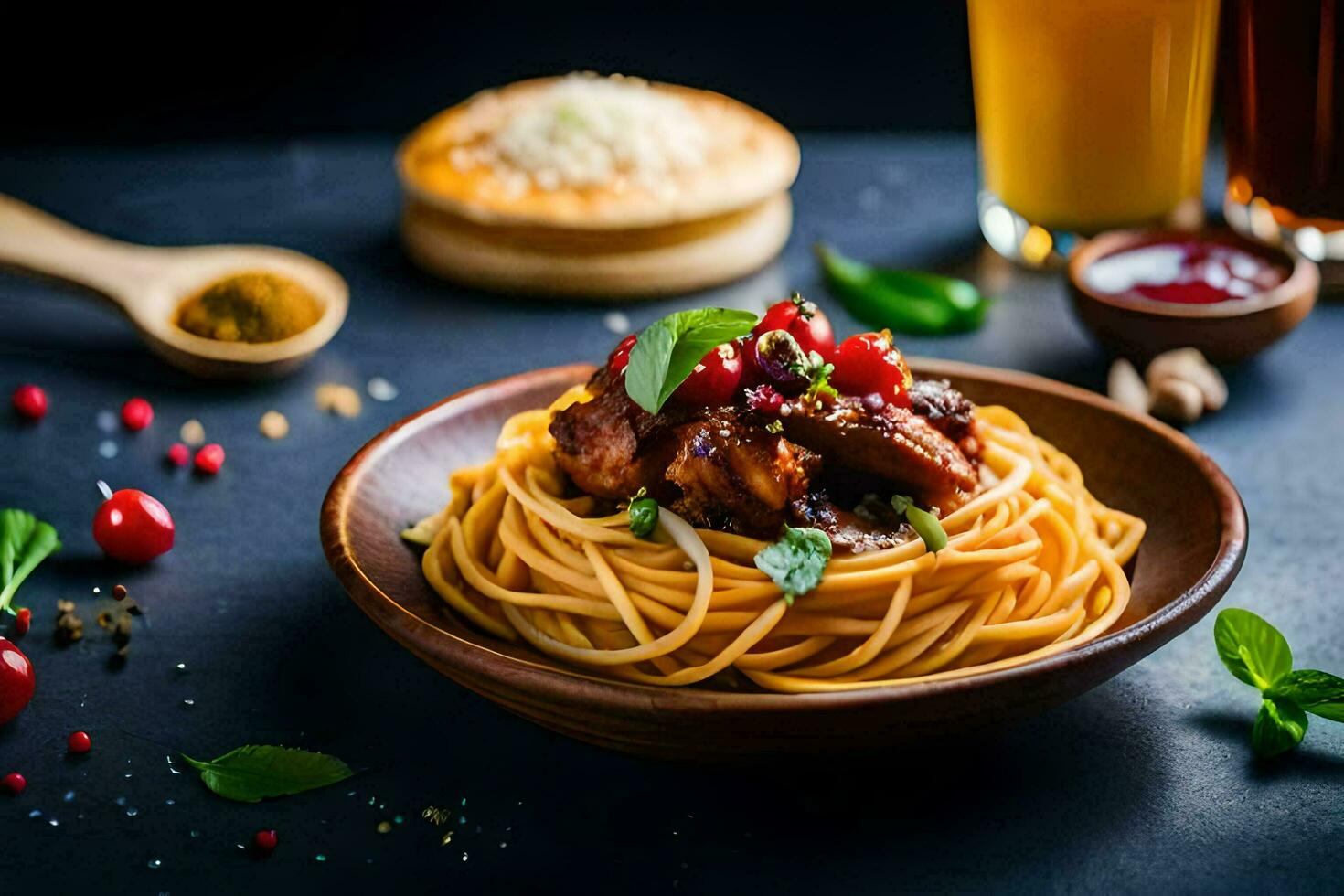 spaghetti with meat and sauce on a wooden plate. AI-Generated photo