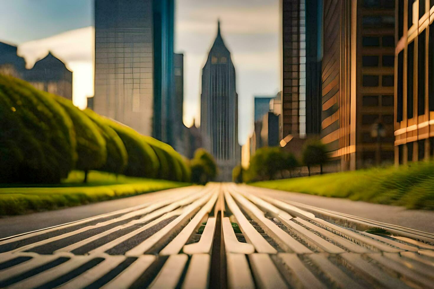 a long walkway with a city skyline in the background. AI-Generated photo