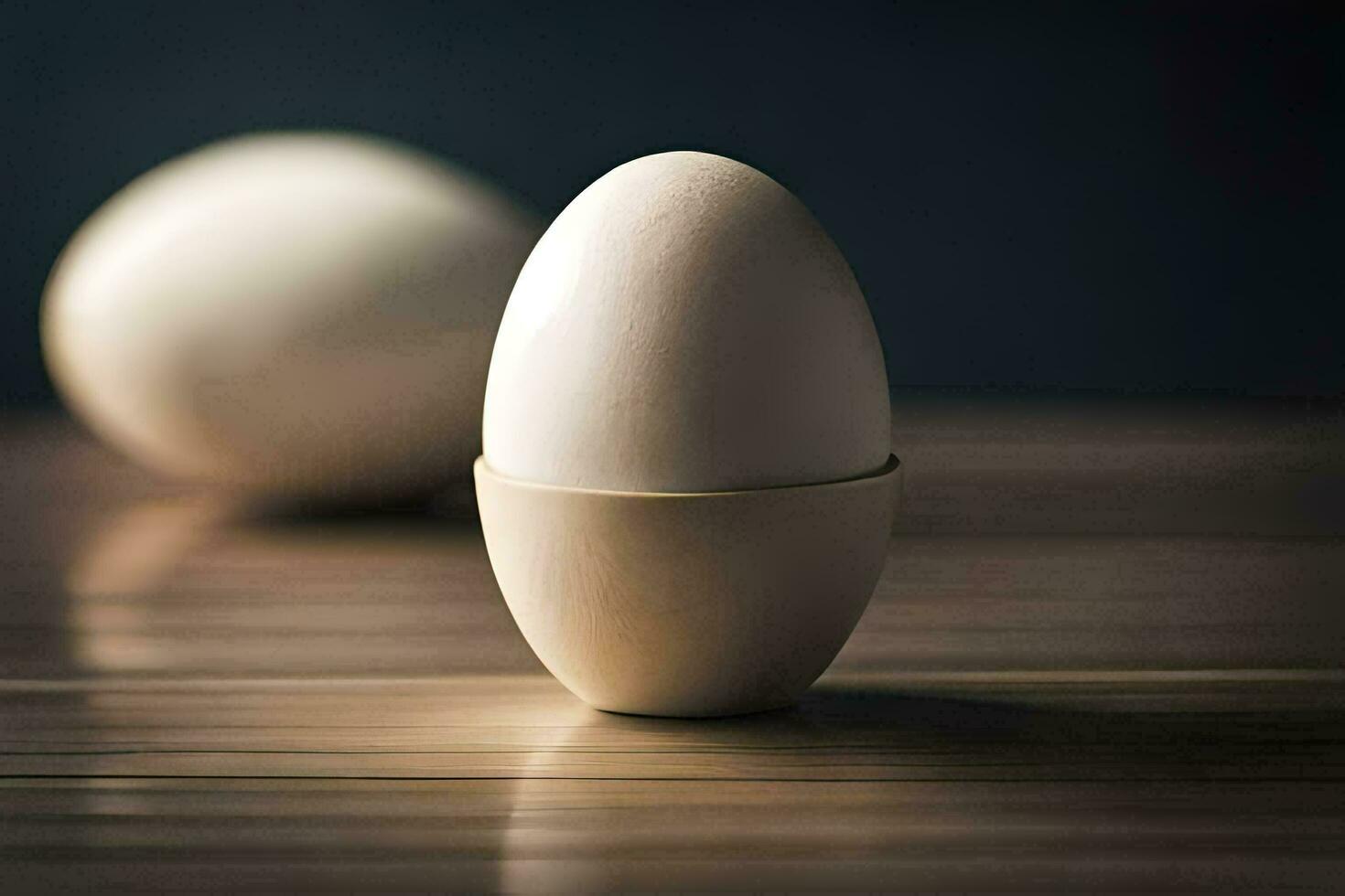 an egg sitting on top of a wooden table. AI-Generated photo