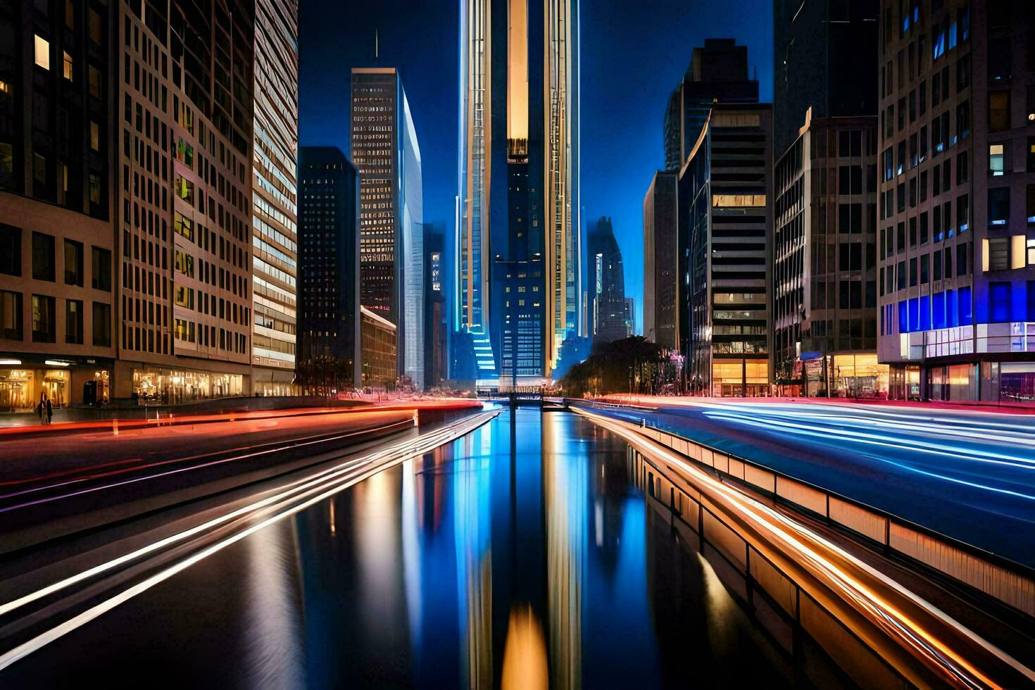 un largo exposición fotografía de un ciudad calle a noche. generado por ai foto