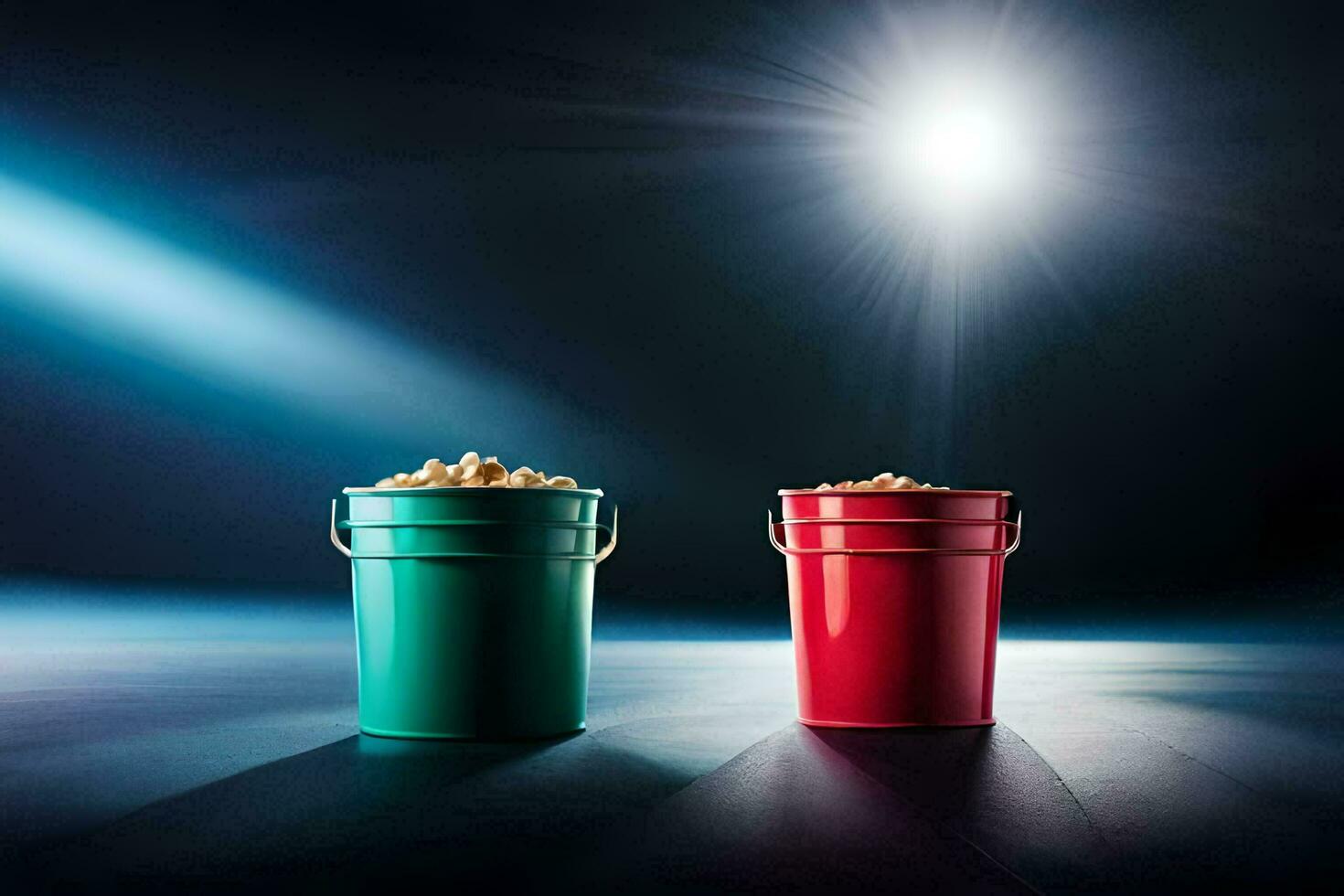 two buckets of popcorn on a dark background. AI-Generated photo