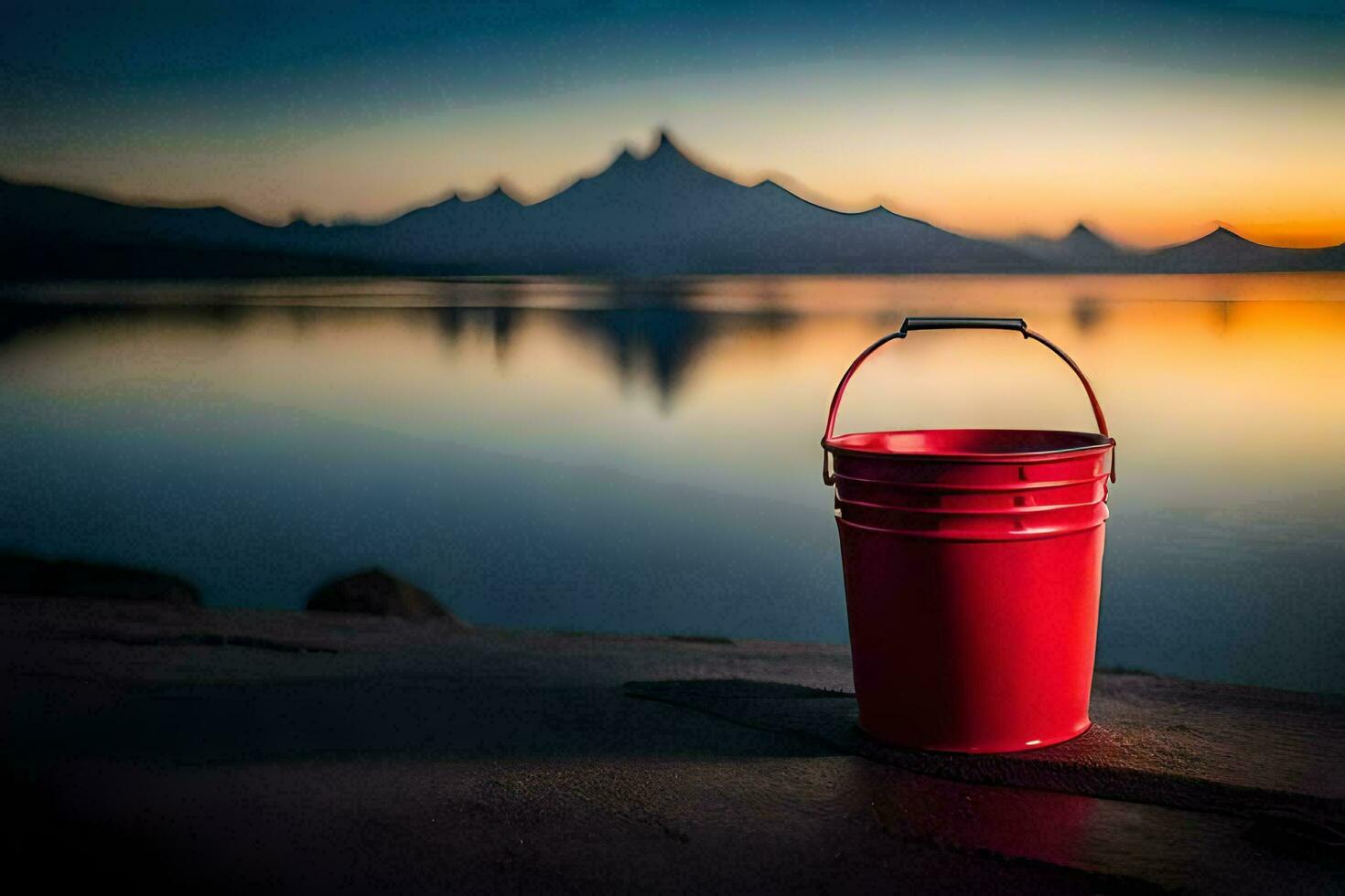 a red bucket sits on the shore of a lake at sunset. AI-Generated photo