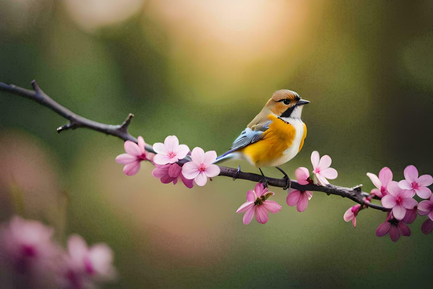 photo wallpaper the sun, flowers, bird, spring, the tree, the bird, the bird. AI-Generated
