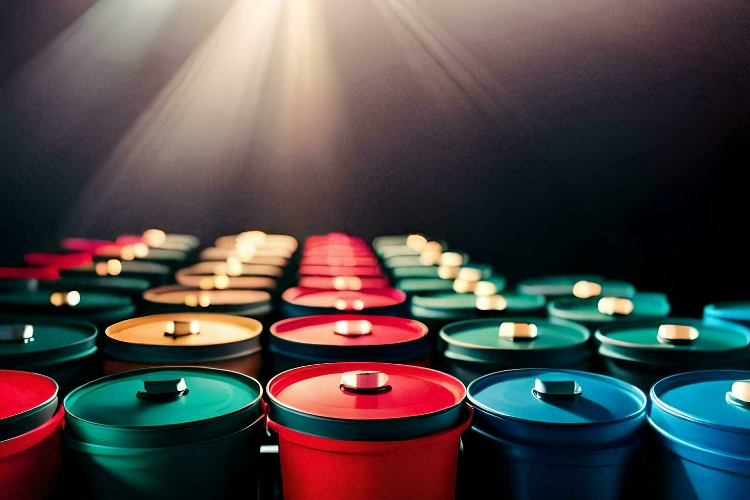 many colorful plastic cups are lined up in a row. AI-Generated photo