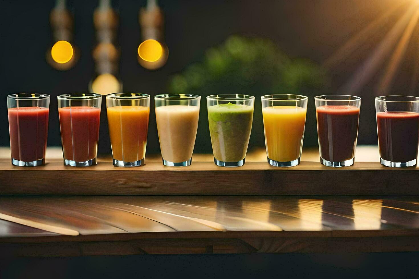 a row of different colored juices on a wooden table. AI-Generated photo