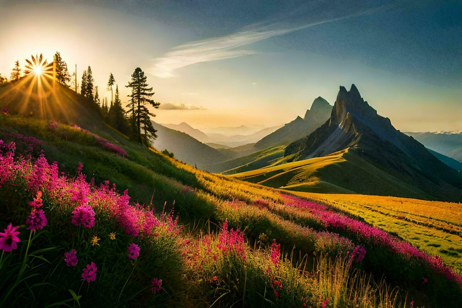 el Dom sube terminado el montañas en esta hermosa paisaje. generado por ai foto