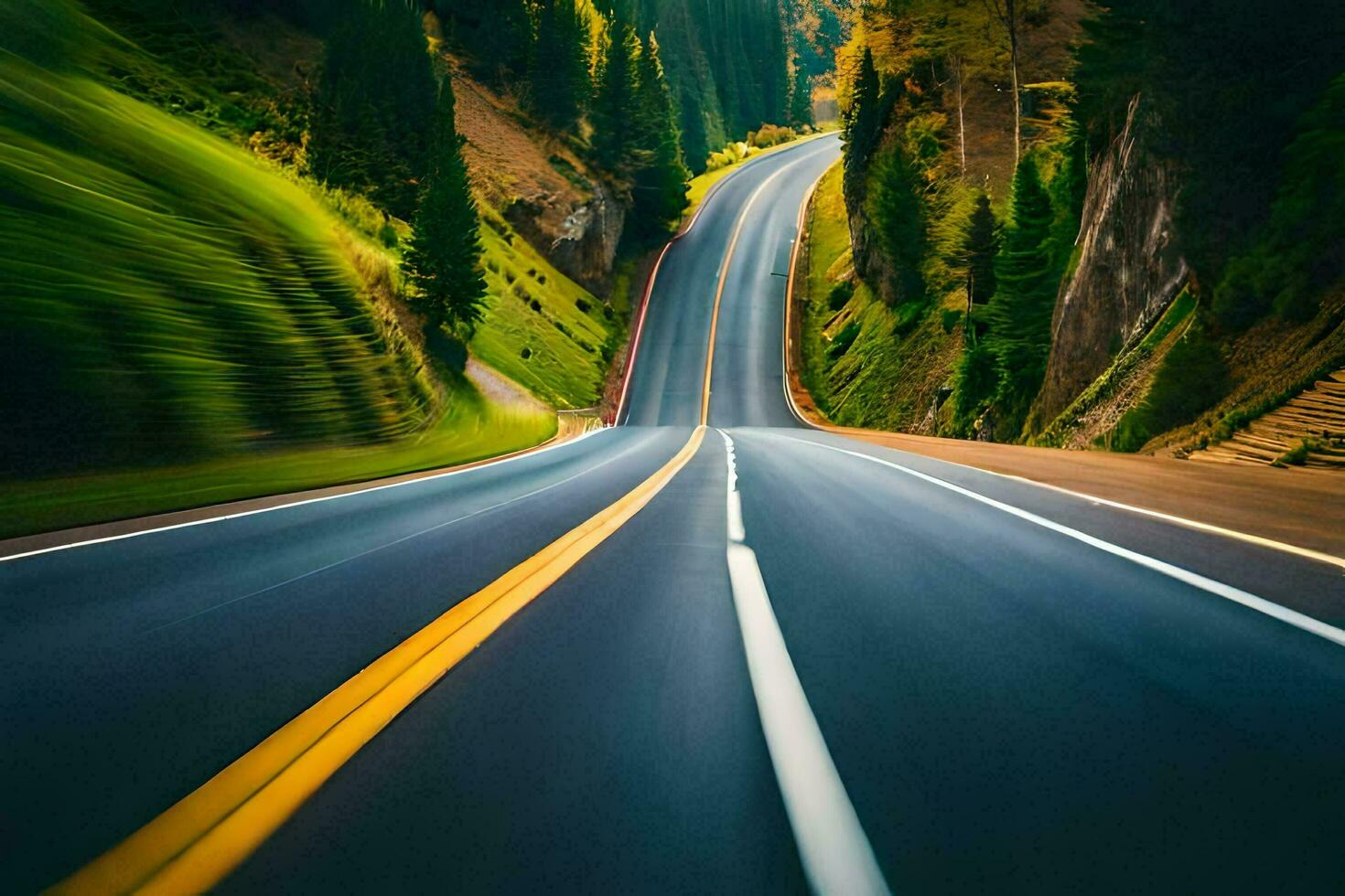 un largo, devanado la carretera en el montañas. generado por ai foto