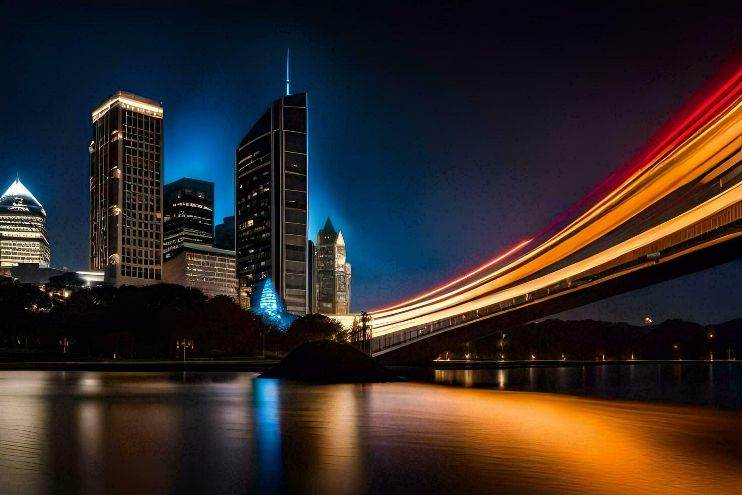 un ciudad horizonte a noche con luces en el puente. generado por ai foto
