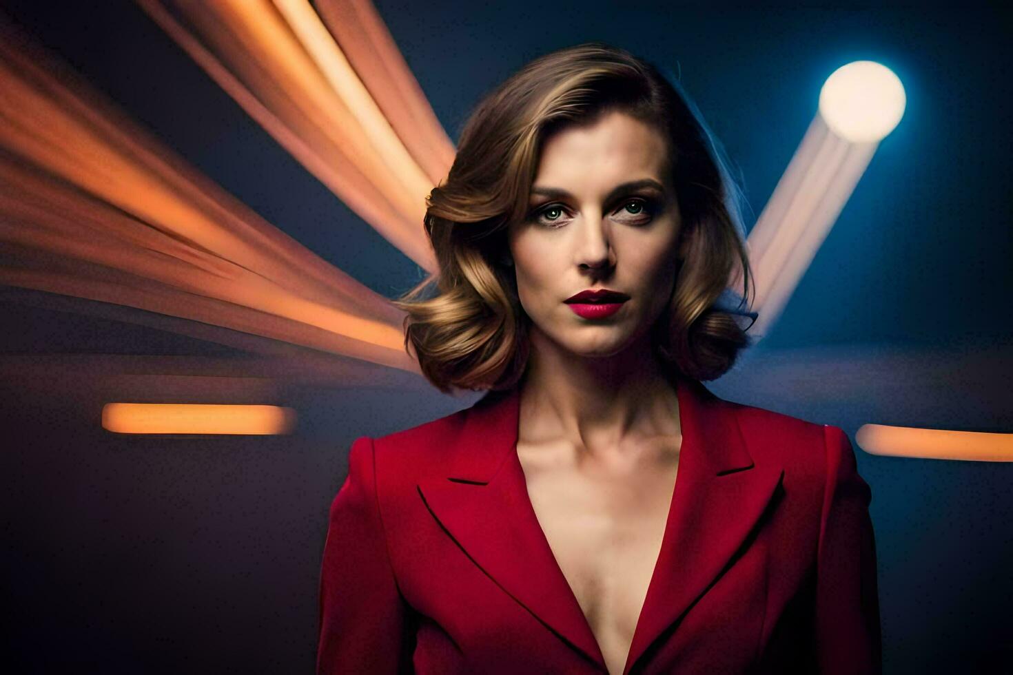 a woman in a red suit and red lipstick. AI-Generated photo