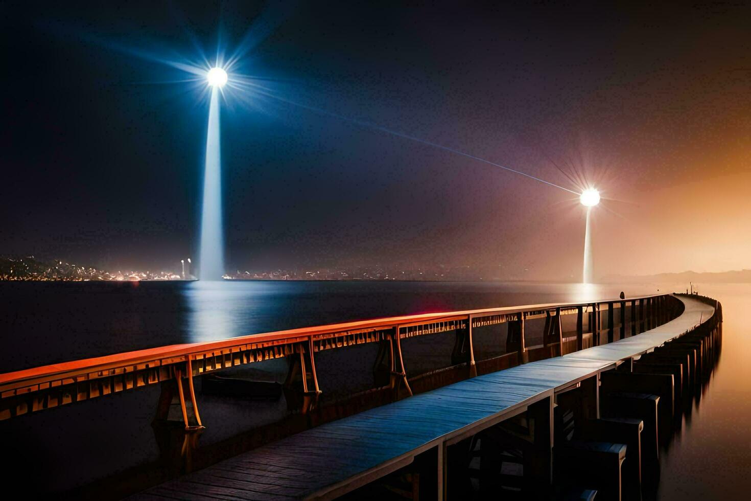 un largo muelle con luces en eso a noche. generado por ai foto