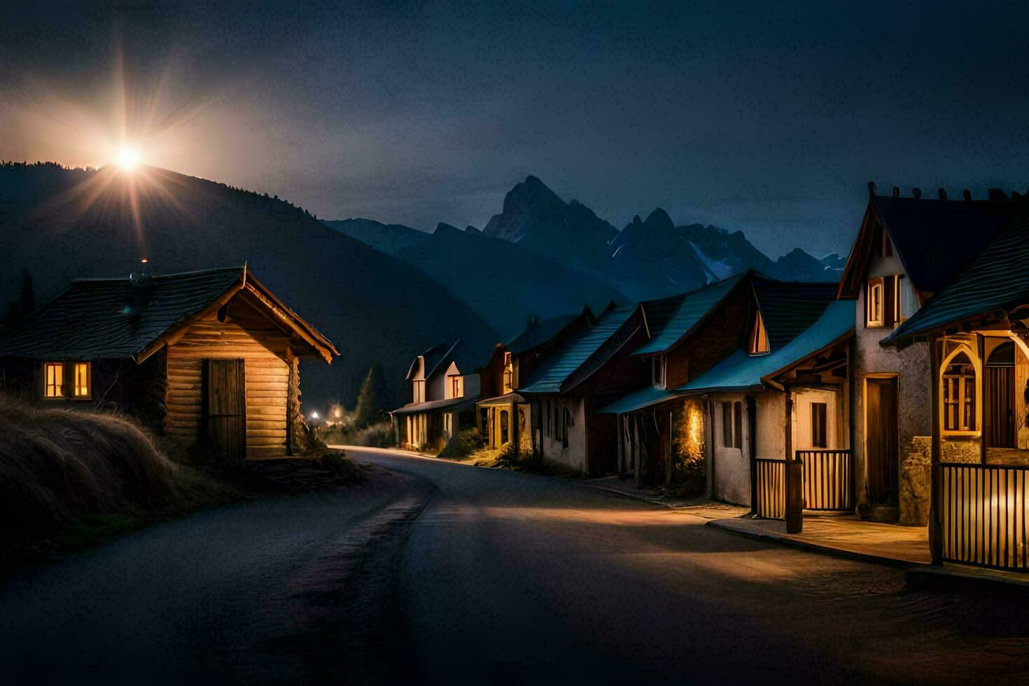 foto fondo de pantalla el luna, noche, el montañas, el aldea, el camino, el aldea,. generado por ai