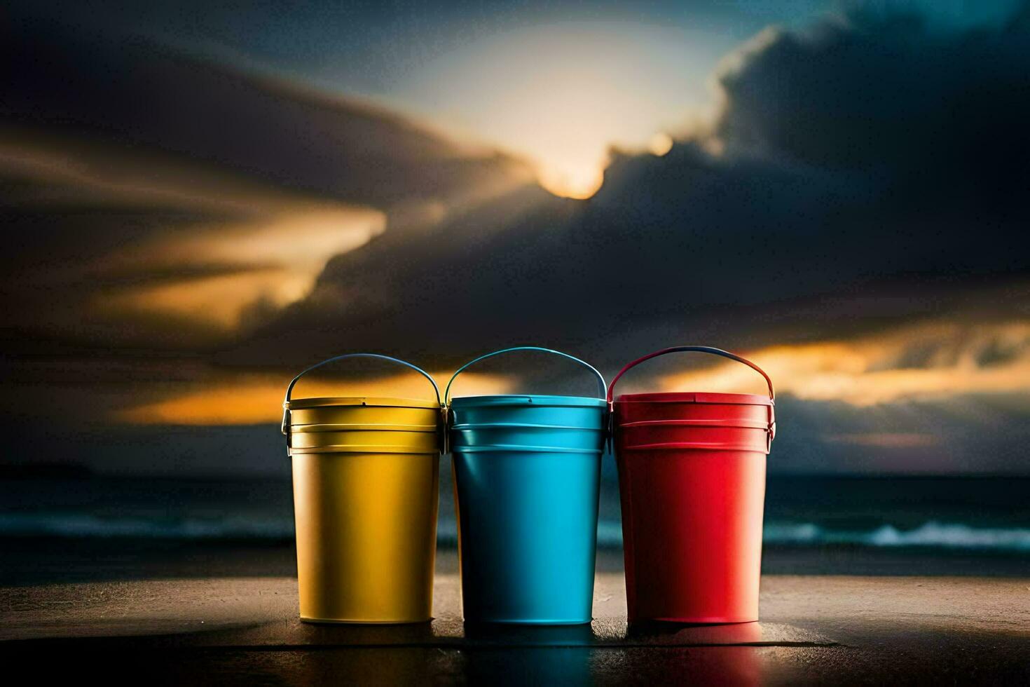 three colorful buckets sit on the beach at sunset. AI-Generated photo