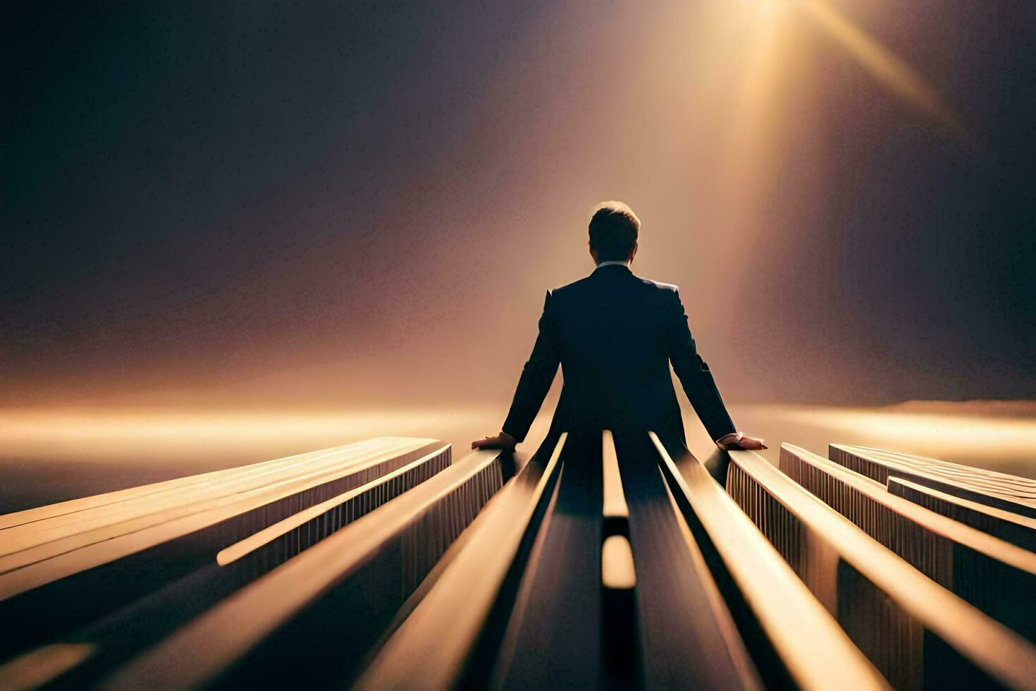 a man in a suit sits on a wooden bridge. AI-Generated photo