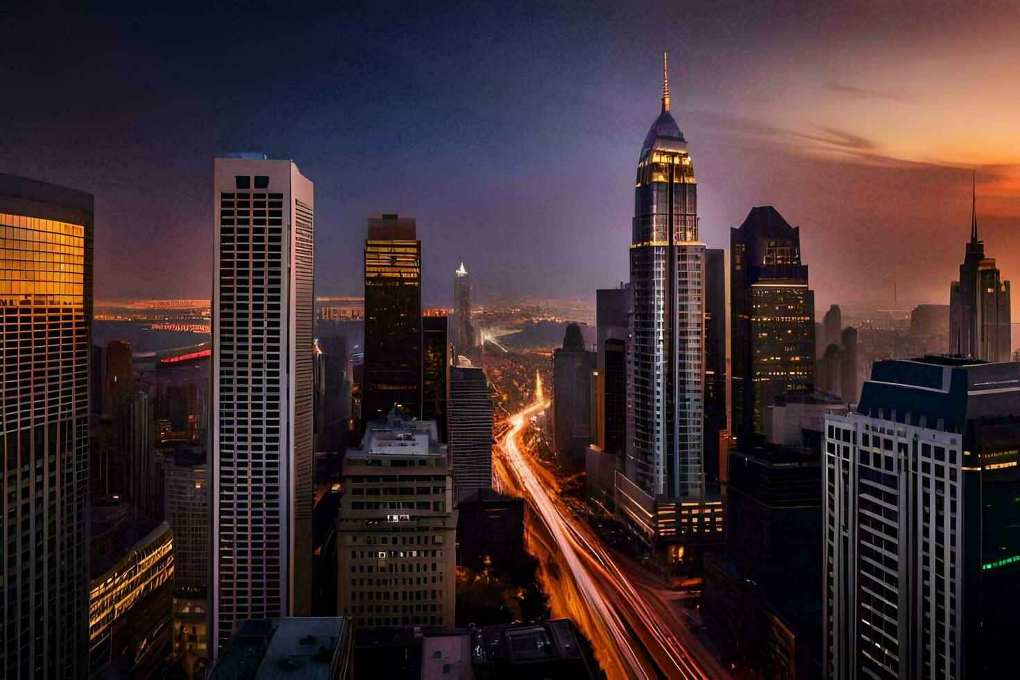 el ciudad horizonte a puesta de sol con tráfico luces. generado por ai foto